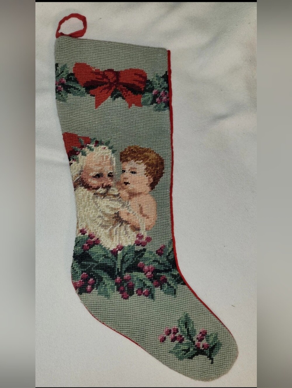 VTG 90s Imperial Elegance Needlepoint Christmas Victorian Stocking Santa & Child